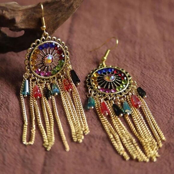 New Gorgeous Rhinestone Decor Metal Tassel Drop Earrings multicolor - Picture 1 of 6
